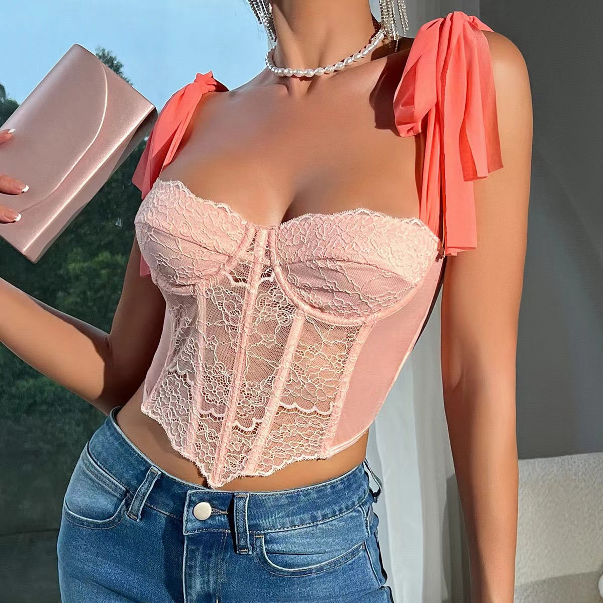 Women's Sleeveless Bustier Sexy Hollow Mesh Camisoles Girls Lace Strap Crop Tops Corset Tops for Party Vacation