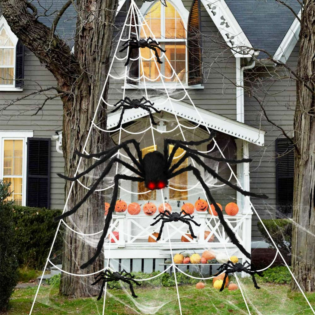 Halloween Giant Spider Web 275'' + 79" Big Fake Scary Spider Stretch Cobweb Yard for Halloween Decorations Outdoor Indoor Halloween Decor Haunted House Halloween Triangular Mega Web