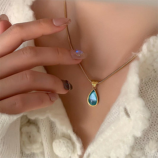 French vintage olive green Blue water drop pendant necklace Mermaid tears Green water drop blue tears titanium steel clavicle chain