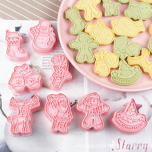 8pc Christmas Cookie Mold 3d stereoscopic plastic baking for household icing cake cookies Pressed embossing stamp