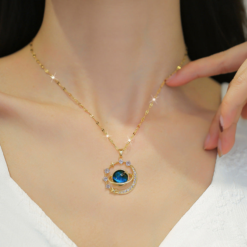 Star planet light luxury temperament gorgeous full diamond necklace female clavicle chain titanium steel chain